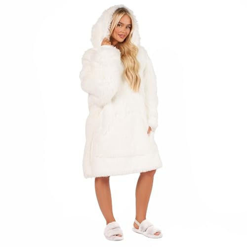 Sienna Hoodie Blanket Fluffy for Women, Oversized Wearable Sherpa Fleece Blanket Hoodie Super Soft Fluffy Hoodie Gifts for Women Men Adults, One Size White