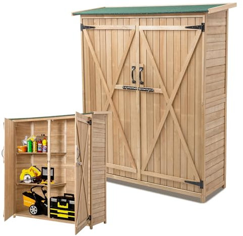 RELAX4LIFE Abri de Jardin en Bois 140x50x162 cm, Abri à Outils avec Toit en Asphalte Incliné, Portes et Étagères Double Fermeture, Meuble de Rangement pour Extérieur Arrière-Cour Patio Pelouse