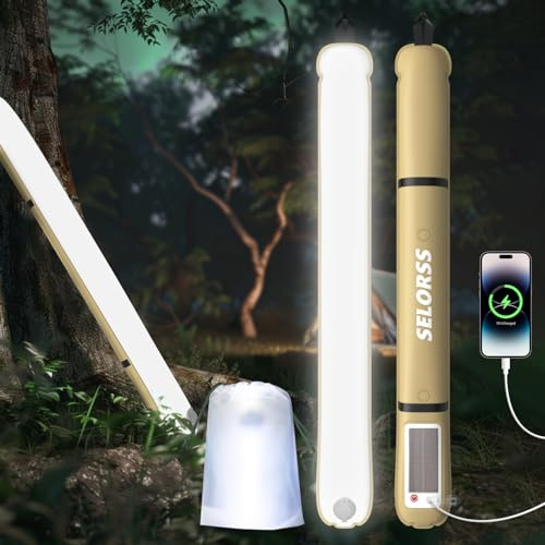 SELORSS Lampes de Camping Gonflables Solaires 33.86IN/86CM Lampe Télescopique Pliable Outask, Lumière LED Extérieure Portable 2000mAh IP66 Étanche avec Lumière Blanche pour Camping, Randonnée - Kaki
