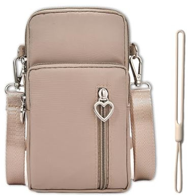 IJHYGD Handytasche zum Umhängen Handy Umhängetasche Handy Tasche Kleine Brieftasche Reisepasshülle mit Kopfhörereingang Verstellbarer und Abnehmbarer Schultergurt (Helles Khaki mit Schlüsselband)