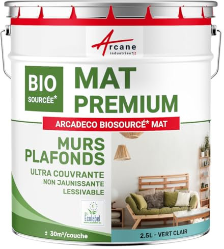 Peinture mat, mur et plafond, biosourcée - Peinture chambre, salon, pièces à vivre - 2.5 L (+ ou - 30m² par couche) Vert clair - RAL 6027 - ARCANE INDUSTRIES