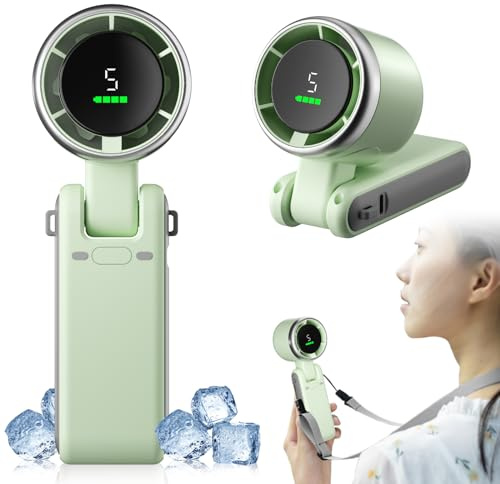 Suewidfay Portable Handheld fan, Mini Hand Held Fans Rechargeable, 5 Gear Turbo Fan Led Display, USB Rechargeable for Travel/Commuting/Office/Home(Green)