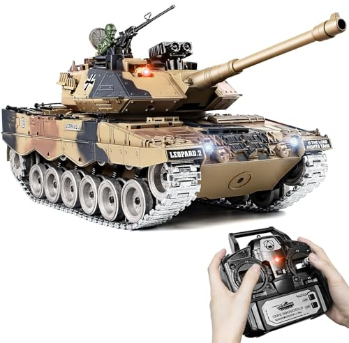 1:18 RC Panzer Leopard II, 2.4GHz Ferngesteuert Panzer mit Schussfunktion, WW2 Militär, Ferngesteuertes Militärfahrzeug mit Metallketten, Rauch, Licht, Sound, Erdiges Gelb für Kinder Erwachsene
