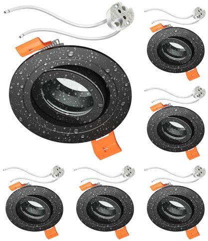 ledscom.de 6 Stück Bad-Deckeneinbaurahmen ERID, Feuchtraum, Badezimmer, IP44, rund, schwenkbar, schwarz matt, inkl. GU5.3 Fassung