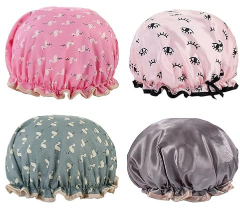 4Pcs Plastic Shower Caps with Ruffles - Waterproof, Keeps Hair Dry - 4 for Showering, SPA, Kitchen