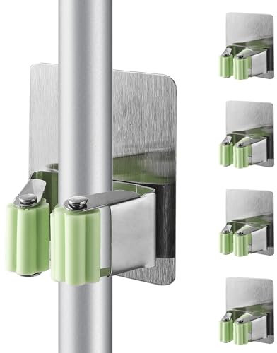 Cokshy Mop Broom Holder, 4 Pcs Broom Holder Stainless Steel Self Adhesive Heavy Duty Square Garden Tool Organizer Rack Wall Mount for Kitchen Bathroom Closet Garden Garage - Green