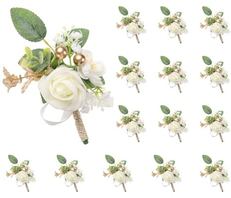 QUARKZMAN 15Pcs Boutonnières Blanches en Forme de Rose pour Hommes, Corsage de Poche avec Fleurs Artificielles et Épingles pour Mariage de la Mariée et du Marié, Cérémonie d'anniversaire