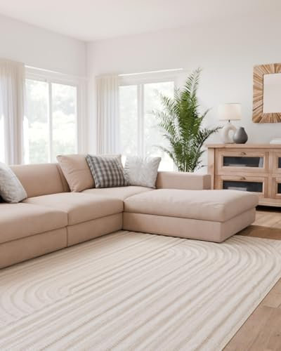 Interiyou Teppich Wohnzimmer Lecce - 300x400 cm Creme - Für Schlafzimmer, Esszimmer, Kinderzimmer - Kurzflorteppich skandinavisches Boho Muster - Hoch-Tief Effekt - Flach mit Geometrischem Muster