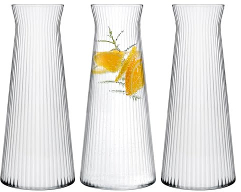 KONZEPT 3 Stk. Wasserkaraffe aus robustem, geriffeltem Glas – 1 Liter, spülmaschinenfest, BPA-frei, stilvoll und stabil