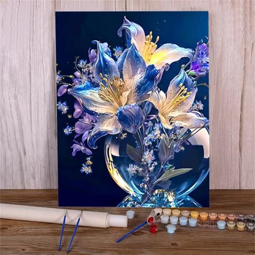 Malen Nach Zahlen Erwachsene Schöne Blumen Paint by Numbers DIY mit Pinseln und Acrylfarben Malen Nach Zahlen,Glas Handgemalt Ölgemälde Leinwand Kunst-Handwerk für Home Decor,ohne Rahmen 45x60cm
