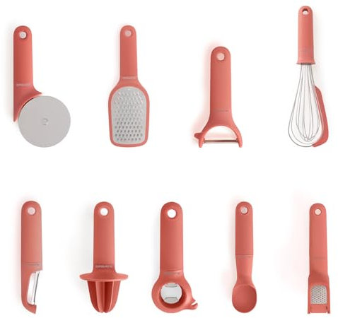 CREATE/Pack de 9 utensilios de cocina terracota/Pelador de fruta y verdura, cuchara para helado, batidor de mano, rallador, exprimidor, cortador de pizza, abridor, prensa para ajos