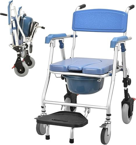 Multifunktionaler Duschstuhl Mit Rollen Klappbar,Bequemer Toilettenstuhl Mit Rollen Für Ältere Menschen，Mobiler Duschstuhl Mit Armlehnen Und Rückenlehne, Toilettenrollstuhl Für Ältere Und Behinderte