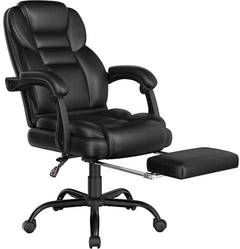 Yaheetech Executive Office Chair High Back Lumbar Support Managerial Chair with Retractable Footrest Linkage Armrest Upholstered Computer Chair for Home Office Black