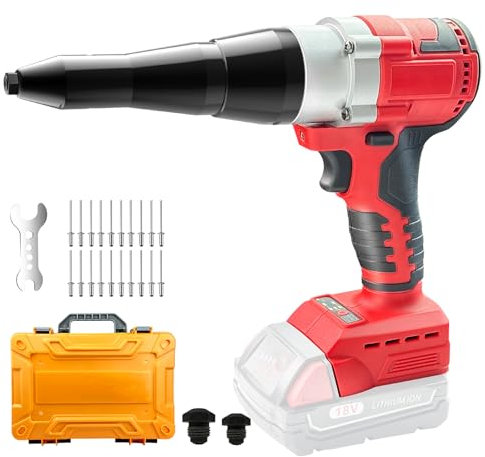 Funnywhale Cordless Rivet Gun, Compatible with Milwaukee M18 18V Battery (No Battery), Brushless Motor, 3/16, 5/32, 1/8 Rivets, 1000 RPM, 18V DC, Red