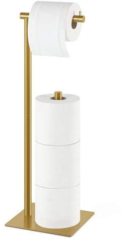 Support de papier toilette doré sur pied, support de rouleau de papier toilette en métal avec support de réserve de rangement de papier toilette, doré