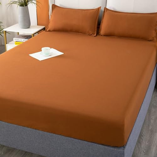 AMDXD 180x200cm Spannbettlaken mit 2er Kissenbezüge Set 3tlg Atmungsaktiv, Spannbetttuch Einfarbig Kaffee Ausbleichen, Polyester Baumwolle Bett Laken Bezug für alle Jahreszeiten
