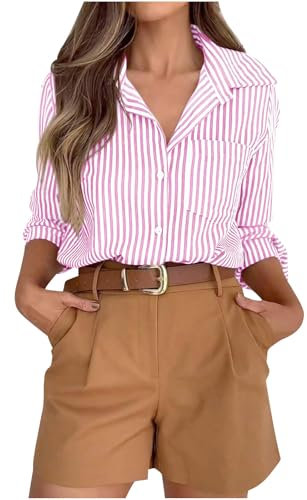 Blouses for Women UK Striped Dress Shirts Button Down Shirt Casual Loose Long Sleeve Office Work Tunic Tops Collared Neck Roll Up Long Sleeve Blouse Regular Fit Tee Shirt with Pocket Pink