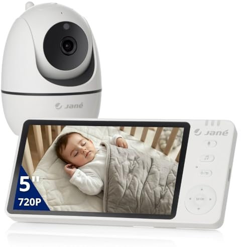 Jané Eye Pro Baby Monitor, Vigilabebés con Cámara Giratoria, Inclinación Motorizada, Pantalla 5, Audio Bidireccional, Visión Nocturna, Gran Alcance, con Música, Batería Bajo Consumo