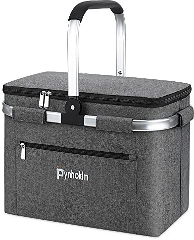 Pynhoklm®30L Einkaufskorb mit Kühlfunktion Tragekorb Faltbar Picknickkorb mit Deckel Klappkorb Thermokorb Isoliertasche Faltbar Einkaufstasche mit Alurahmen Stabiler Korb-für Reisen/Picknick/Einkaufen