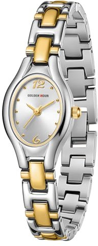 GOLDEN HOUR Armbanduhr Damen Kleine Ovale Klassische Analoges Quarzwerk Uhr Gold Damen Vintage Wasserdicht Modisch Lässig Damenuhr mit Edelstahlarmband für Frauen Mädchen