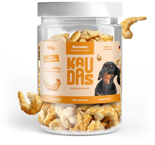 KAUDAS GarnelePur Natursnack – 2 x 50 g gefriergetrocknetes Garnelen Leckerli Hund mit hohem Proteingehalt, 100% natürlicher Hundesnack je 455g Rohgewicht – ohne Zucker, Getreide & Zusatzstoffe