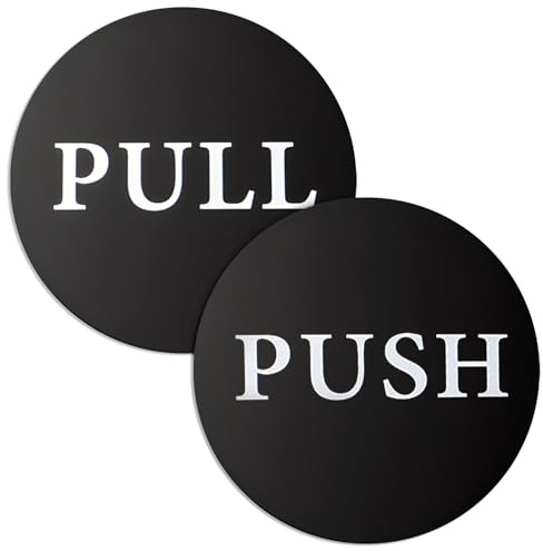Push & Pull-skylt i rund akryl, tvåpack, 10 cm klistermärken med självhäftande tryckknappar för dörrar. Hållbar dörrskylt med självhäftande klistermärken för skolor, hotell och kontor