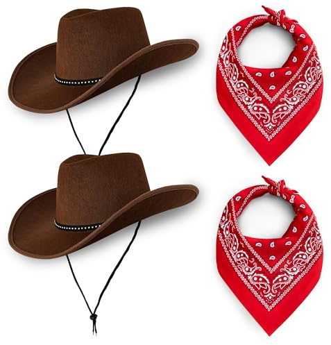 Cowboy Hats Pack of 2 Unisex Felt Western Hats & Bandanas Texas Texan Costume Accessories for Men, Women, Adults Wild West Fancy Dress Party