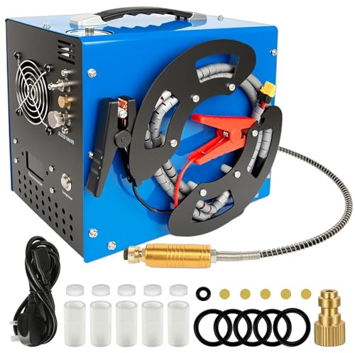PCP Air Compressor, 4500Psi/30Mpa, 350W Motor, Unique Vertical+Wire Spool Portable Design, Auto-Stop, Oil/Water-Free, 8MM Quick-Connector for Paintball/PCP Air Rifle/Tank, 220V AC or 12V Car Battery
