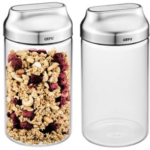 GEFU KIPPO Vorratsdosen 2er-Set 1000 ml | Borosilikatglas mit Kippdeckel & Silikondichtung | Sauberes Dosieren – stilvoll & funktional