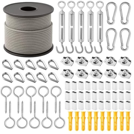 Youyijia 2mm Heavy Duty Garden Wire Rope Kit 50M Stainless Steel Cable for Climbing Plants Trellis & Outdoor Lighting PVC Coated 304 Steel Wire with Turnbuckles Thimbles & Crimping Sleeves