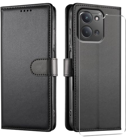 JUNETOP Funda para Xiaomi Redmi 15C / Poco C85 con Cristal Templado, Negro | Carcasa Libro Tapa de Cuero Sintético