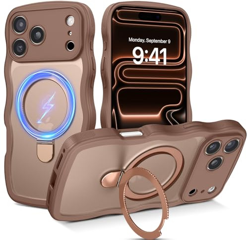 Telaso Magnetic for iPhone 17 Pro Case with Ring Stand, [Compatible with Magsafe] [Full Camera Protection] Cute Curly Wavy Shockproof Phone Cases for iPhone 17 Pro 6.3'', Desert Titanium