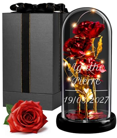 Maverton ewige Rose mit Licht personalisiert, Pärchen Geschenke | Infinity Rose in Glaskuppel, Hochzeitsgeschenke für Brautpaar, personalisierte Geschenke zum Hochzeitstag zur Hochzeit