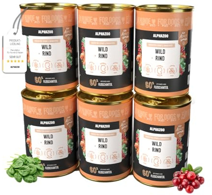 alphazoo Nassfutter Hund Duoprotein Wild + Rind 6×400g – getreidefreies Nassfutter Hund mit hochwertigem Protein, Süßkartoffel & Cranberries – Premium Hundefutter Made in Germany