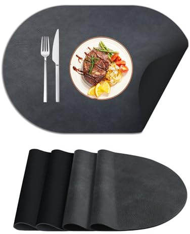 MiKoyi Tischsets Abwaschbar, 4er Set Oval Leder-Imitat Platzdeckchen Platzsets, Doppelseitigen Platzset, Abgrifffeste Hitzebeständig Tischsets, Lederoptik Platzset für Küche 45x30cm (Grau)