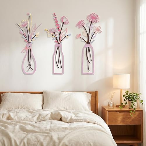 HUASUN 3-teilige Eisen Blumen Wanddeko Set, Boho Stil Metall Wandkunst mit Vasen-Design, Moderne Wanddekoration für Wohnzimmer, Schlafzimmer, Esszimmer und Flur (Rosa)