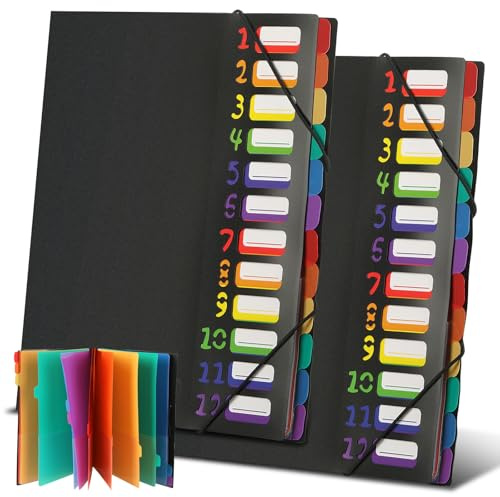 2 stycken dokumentmapp A4, bärbar fackmapp med 12 fack | Mapp arrangör med elastiskt band, organisationsmapp med register för kontorsdokument, skolläxor och papper