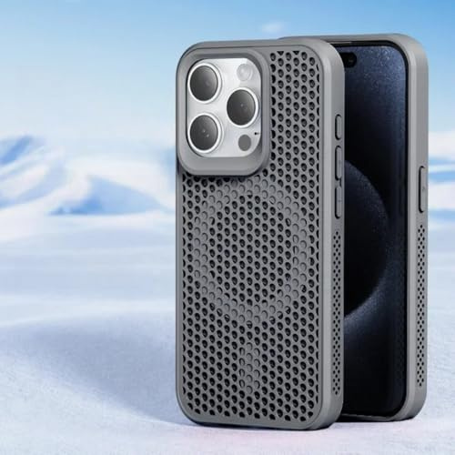 GHVWYX Kühlende und wärmeableitende Handyhülle für iPhone 17 16 15 14 13 12 11 Pro Max Plus, atmungsaktive Hartschalen-Rückseite mit Magnetverschluss (für iPhone 15 Pro/Grau)