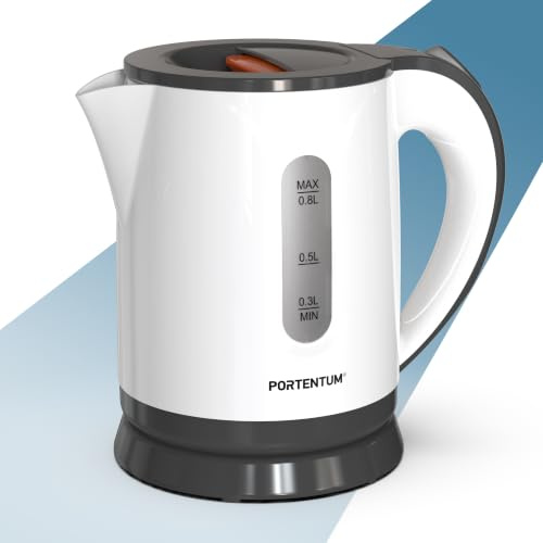PORTENTUM Wasserkocher klein 0,8 L mit 360° drehbarer Basis – Mini Electric Kettle 1100 W – Herausnehmbarer Kalkfilter – Wasserstandsanzeige – Automatische Sicherheitsabschaltung