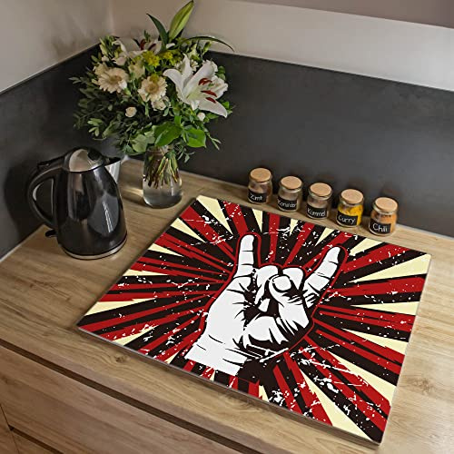 banjado Abdeckplatte Ceranfeld mit Musik und Lifestyle Motiv kreativ, 60x52 cm Glas Herdabdeckung einteilig, robustes Schneidebrett Küche, hitzebeständig mit Gumminoppen, mit Motiv Rock On
