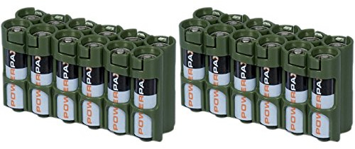 2 x Powerpax Slim Line AA Battery Caddy, Military Green - Each Holds 12 AA Batteries