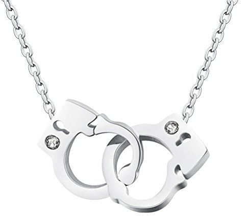 PAURO Damen Edelstahl Mini Abschließbare Handschellen Anhänger Halskette, Silber