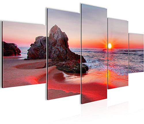 Runa Art - Bilder Sonnenuntergang Strand 200 x 100 cm 5 Teilig XXL Wanddekoration Design Rot 609551b