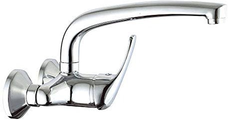 Grifo monomando de cocina fregadero BAT de pared con caño largo giratorio Fabricado en latón con acabados en cromo brillo. Distancia entre las tomas de 15 cm. Repuestos garantizados