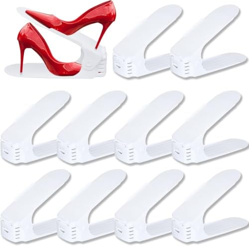 Froadp 20 Stück Einstellbare Schuhregale rutschfest Schuhhalter 3 Höhenverstellbar PP Doppelschicht Schuhstapler Set Platzsparend Schuhaufbewahrung(Weiß)