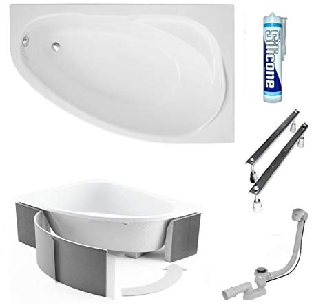 ECOLAM Badewanne Wanne Eckwanne Eckbadewanne Acryl weiß Marea Polimat 160x100 cm RECHTS+ Wannenträger Ablaufgarnitur Ab- und Überlauf Automatik Füße Silikon Komplett-Set
