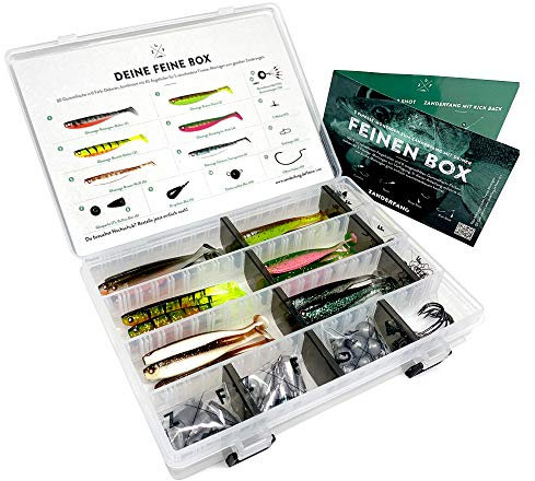 Zanderfang Finesse Angelset 95-teilig – Gummiköder Set mit 30 Gummifischen, Offset-Haken & Box – Drop Shot, Texas Rig, Carolina Rig, Cheburashka, Kick Back – Für Zander & Barsch