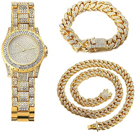 Halukakah Diamant Vergoldete Uhr,Herren 18 Karat Echt Vergoldet Quarzarmband 22cm,mit Kubanischer Kette 20cm Armband + 45cm Halskette,Volle Cz Labordiamants Zinken-Set,KOSTENLOSE Geschenkbox