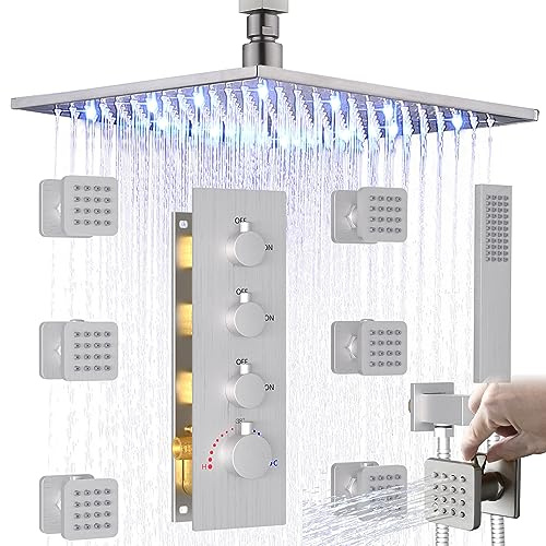 Enga Luxury 16 inch LED Rain Shower Head System with Handheld + Thermostatic 3 Way Valve + 6 Body Spray (with Shut-off), Brass Shower Faucets Set Complete, Can Run at A Time