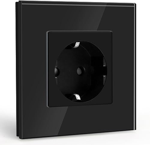 BSEED Schuko Steckdose 1 Fach Kristall Glas Platte Steckdose Glas Unterputz Einzel Steckdose 16Amp Steckdose 86mm Verlängerungssteckdosen Wandsteckdose Schwarz
